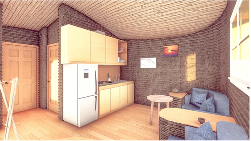 Open-plan interior with ribbed earthen walls, curved timber ceiling and built-in kitchenette beneath soft daylight