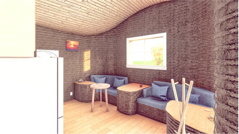 Living area with horizontal rammed earth walls, window framing green landscape and woven seating alcoves