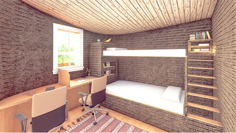 Study space with built-in bed platform, timber shelving and horizontal window overlooking trees