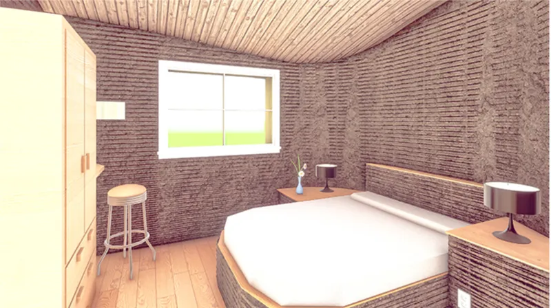 Bedroom with curved rammed earth walls, hexagonal bed platform and horizontal window opening