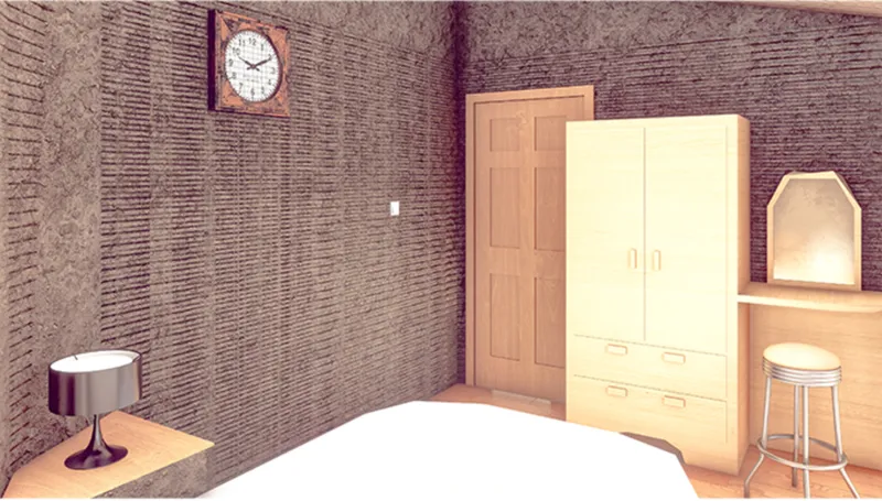 Bedroom corner showing textured earth walls, timber wardrobe and wall-mounted clock above the doorway