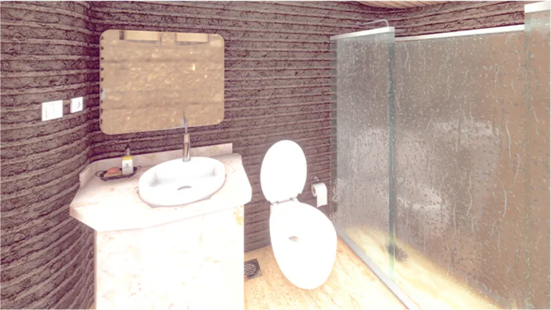Bathroom with layered earth walls, vessel sink on white counter and glass-enclosed shower stall