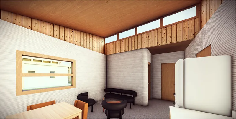 Interior showing ribbed white walls with timber ceiling and clerestory windows above built-in furnishings
