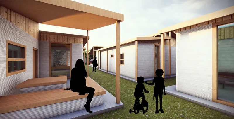 Covered timber walkway connecting white-paneled units with children and residents in the grassy courtyard