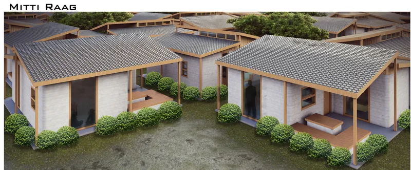 Overhead rendering showing courtyard arrangement of pavilions with textured roofs and planted buffer zones