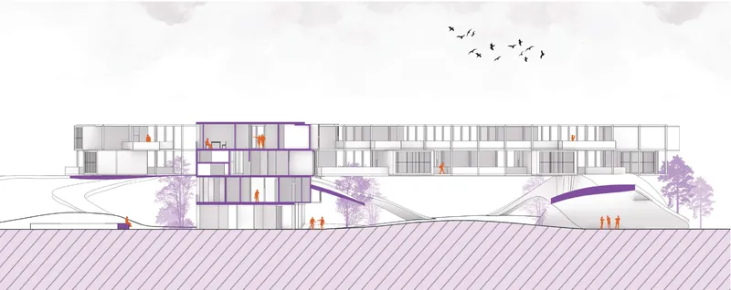 Elevation drawing displaying interconnected volumes with ramped pathways and figures moving between levels under cloudy skies