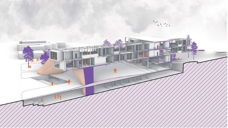Section drawing showing grid-frame residential volumes stepping down a sloped site with purple trees and figures
