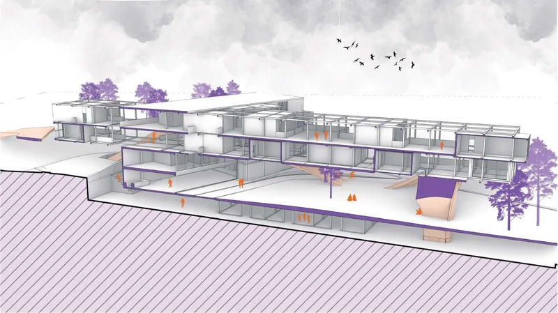 Section drawing revealing stacked open-grid structures bridging over pedestrian passages on a sloping terrain