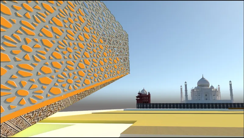 Cantilevered canopy with perforated orange-lit screen casting geometric shadows across a yellow plaza terrace