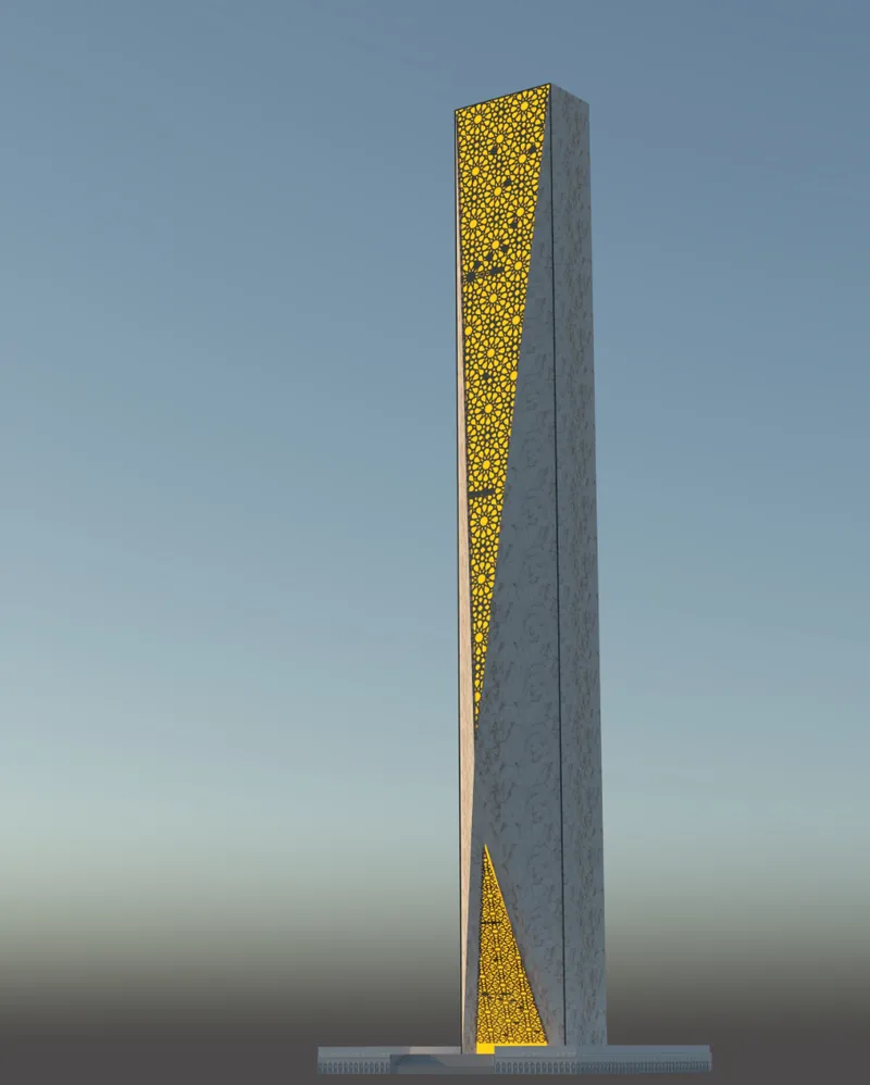 Slender concrete tower with tapering vertical slits backlit in amber against a clear twilight sky