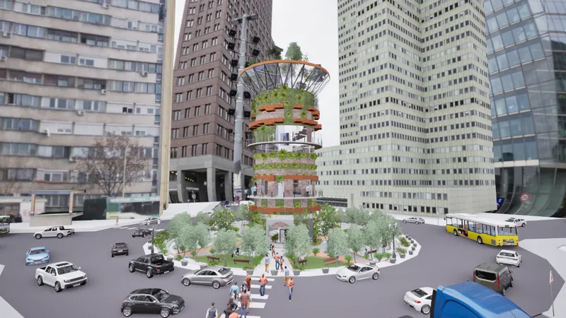 Rendering of a stacked vertical garden tower with planted terraces at a traffic roundabout surrounded by highrise buildings