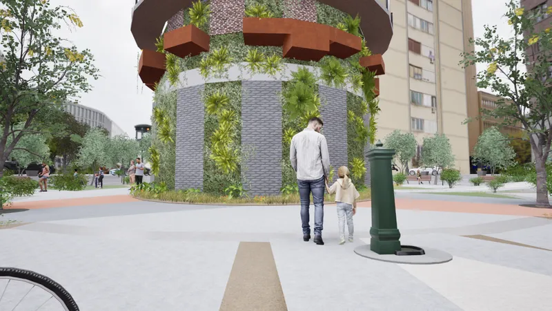 Base of the tower showing textured concrete walls with vertical planted columns and people walking nearby