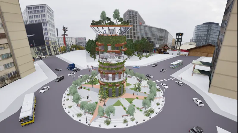 Wide angle rendering showing the tiered planted structure rising from the roundabout with buses and cars passing