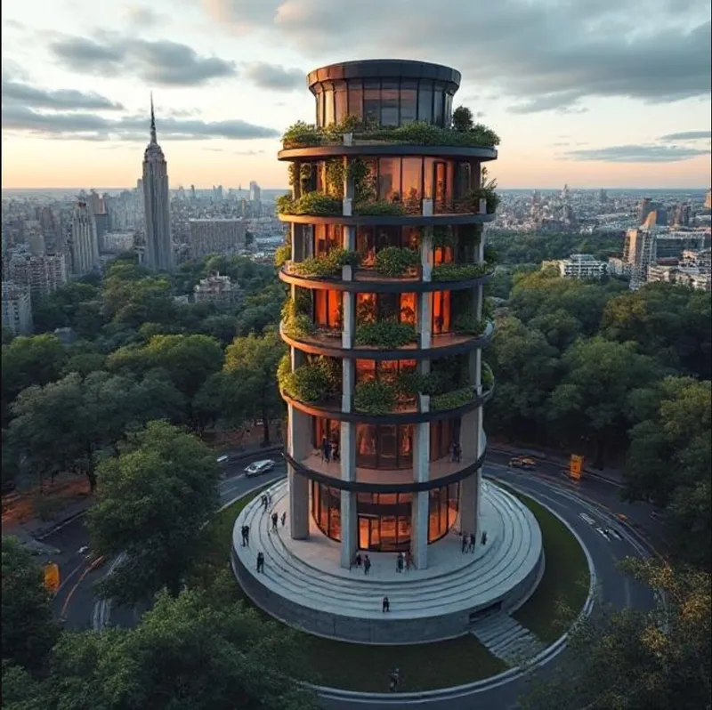 Aerial view of a cylindrical tower with planted terraces at each level overlooking a park at dusk