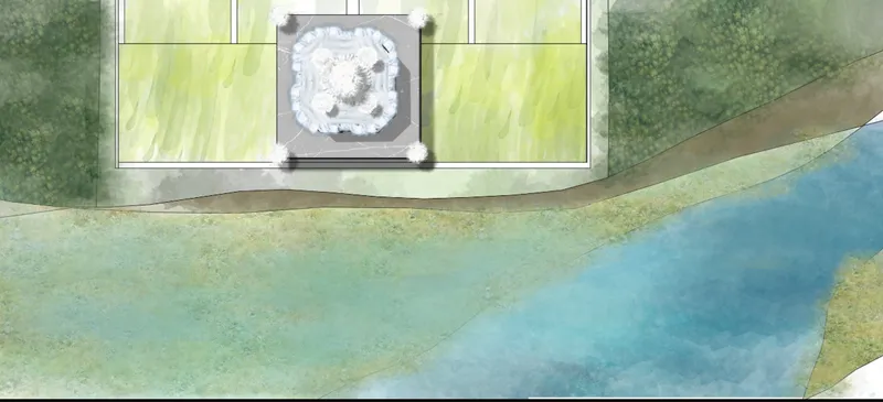 Site plan drawing showing a rectangular pavilion with central courtyard adjacent to a winding blue waterway