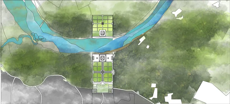 Aerial site plan drawing depicting two structures along a curving river with surrounding green landscape