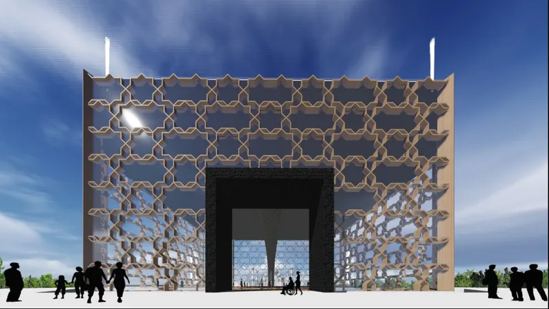 Front elevation rendering of a perforated geometric screen facade with central portal under blue sky