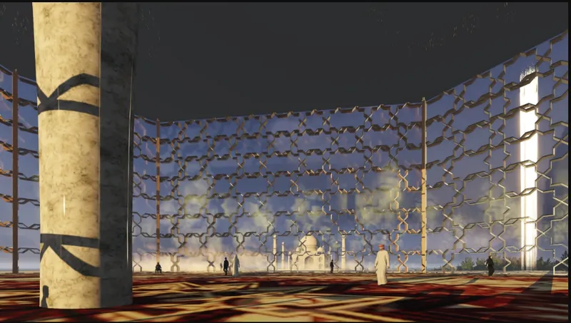 Interior rendering showing ornamental lattice walls wrapping around a prayer hall with illuminated cylindrical columns