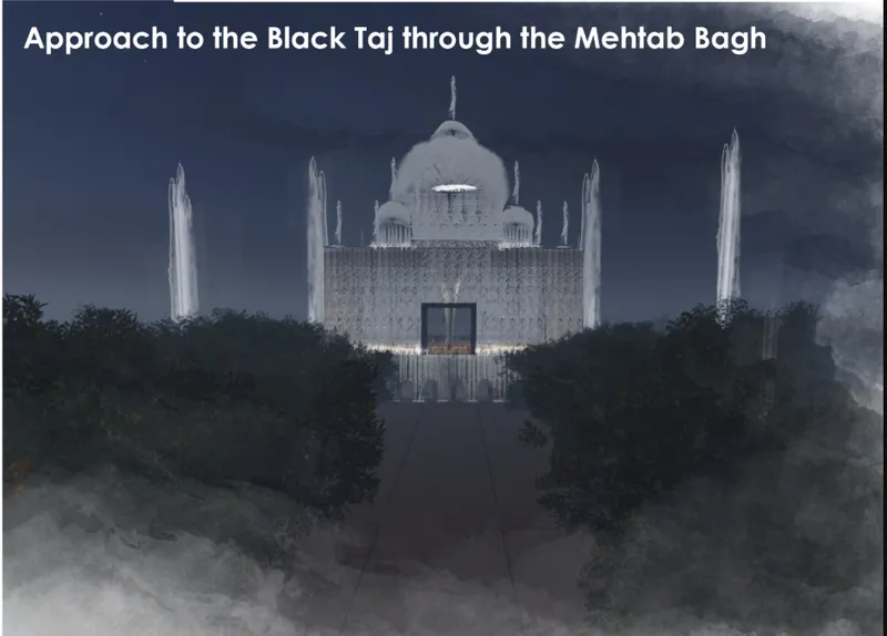 Rendered approach view of a domed structure with illuminated water fountains flanking the entrance at dusk