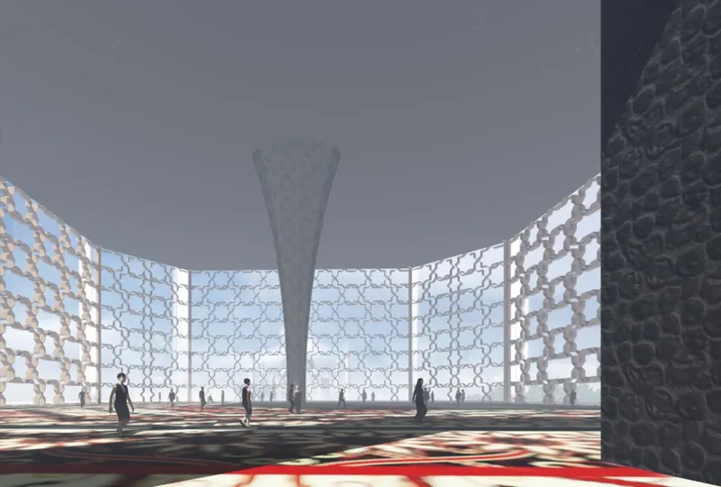 Interior rendering of a curved lattice screen wall with central column casting shadows on patterned floor