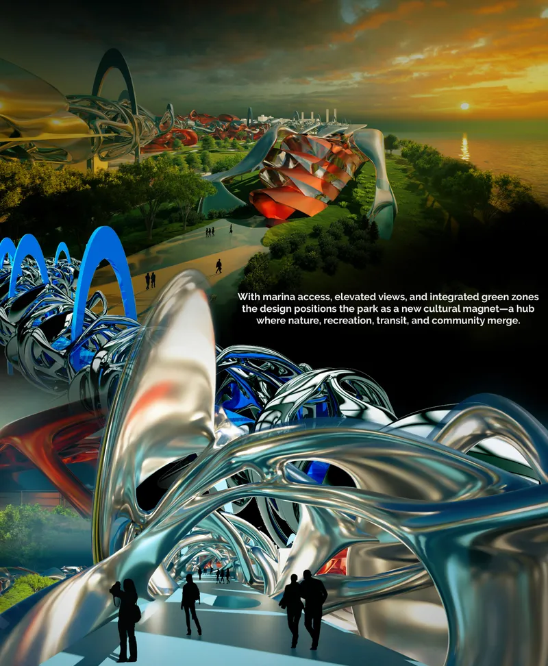 Rendered aerial view of metallic ribbon-form pavilions winding through a waterfront park at sunset