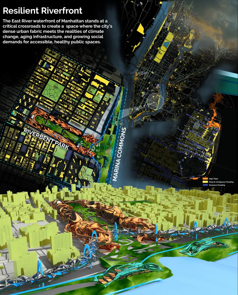 Axonometric diagram combining plan view with elevated rendering of sculptural waterfront park forms