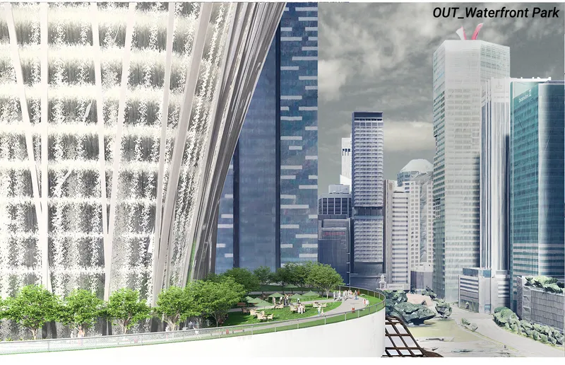 Rendering of a green roof terrace with planted beds and trees overlooking a dense high-rise skyline under cloudy skies