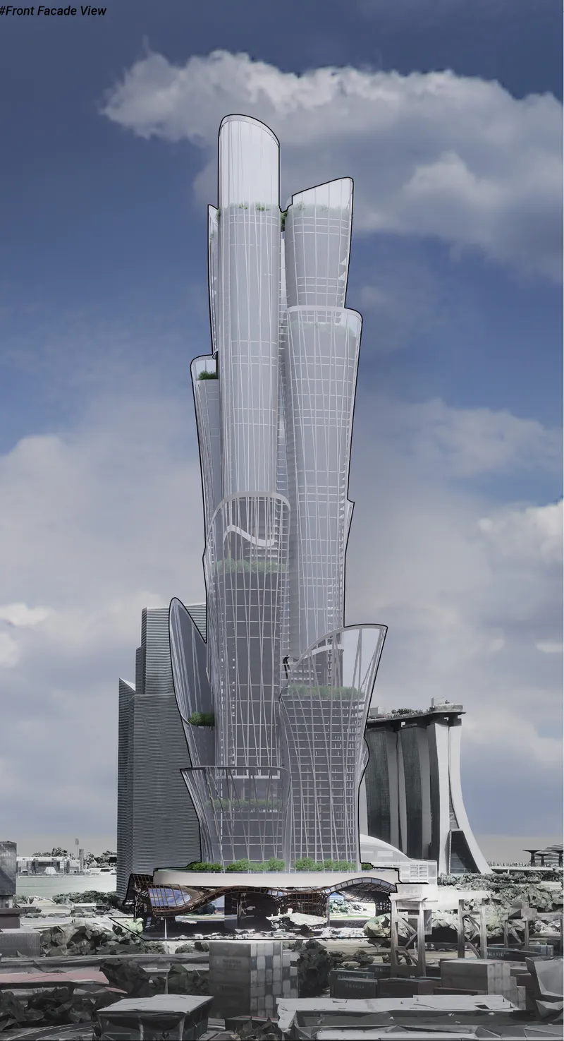 Rendered facade view of a cluster of transparent towers with vertical louvers and flowing glass forms under partly cloudy skies