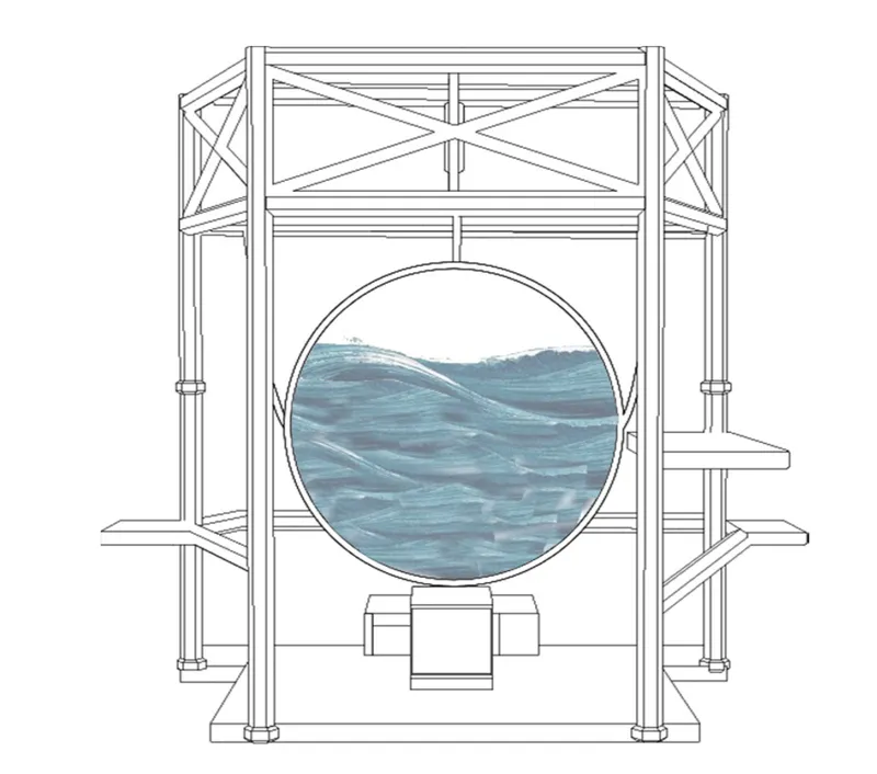Elevation drawing of a circular water tank suspended within a structural steel frame with diagonal bracing