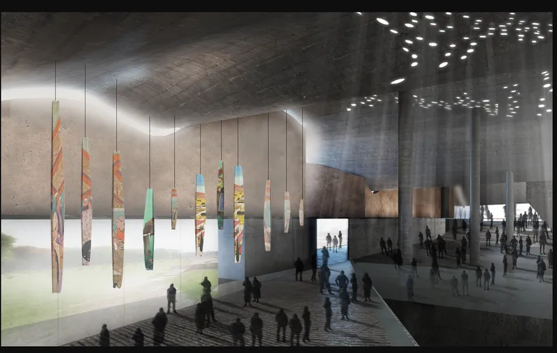 Interior gallery with suspended colorful stone panels and perforated concrete ceiling illuminating scattered visitors below