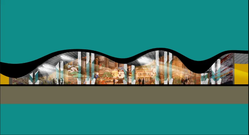 Section drawing showing the undulating roof profile over a transparent gallery space with historic murals and figures