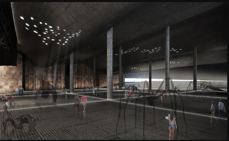Multi-level exhibition hall with stone-clad columns, glass railings and circular perforations puncturing the dark ceiling above