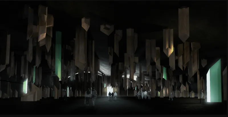 Gallery entrance framed by hundreds of hanging angular metal fragments with visitors passing through pools of green light