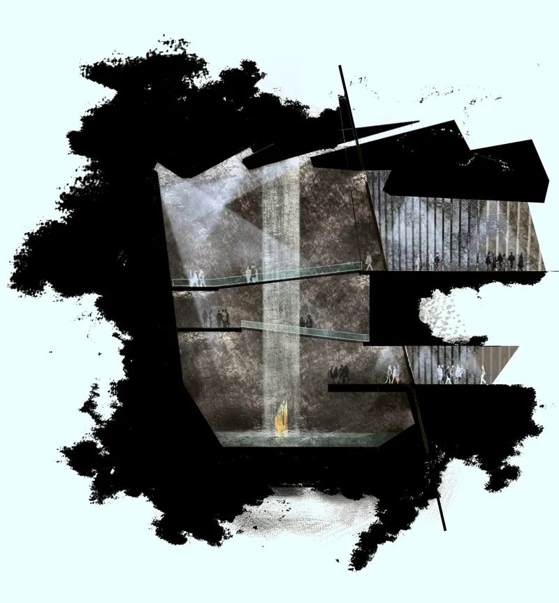 Collage drawing of stacked concrete levels with figures moving through spaces framed by trees and black painted elements