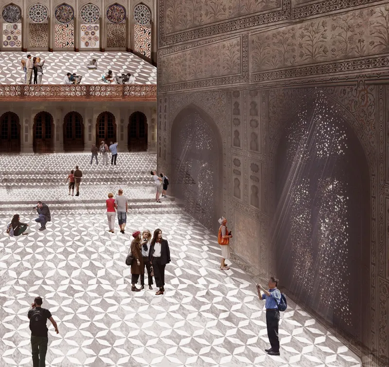 Interior courtyard with geometric tile paving and carved stone screens with visitors scattered across the space