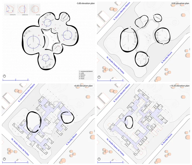 Site plan drawings at multiple elevations showing organic pod forms alongside residential blocks and existing trees