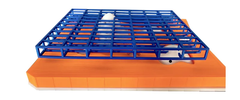 Model detail of blue structural grid sitting atop an orange foundation slab