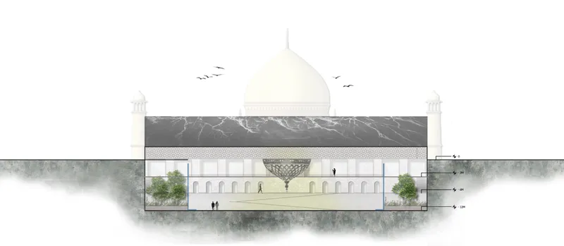 Section drawing through a domed structure with arcaded courtyard and mountain backdrop rendered in watercolor