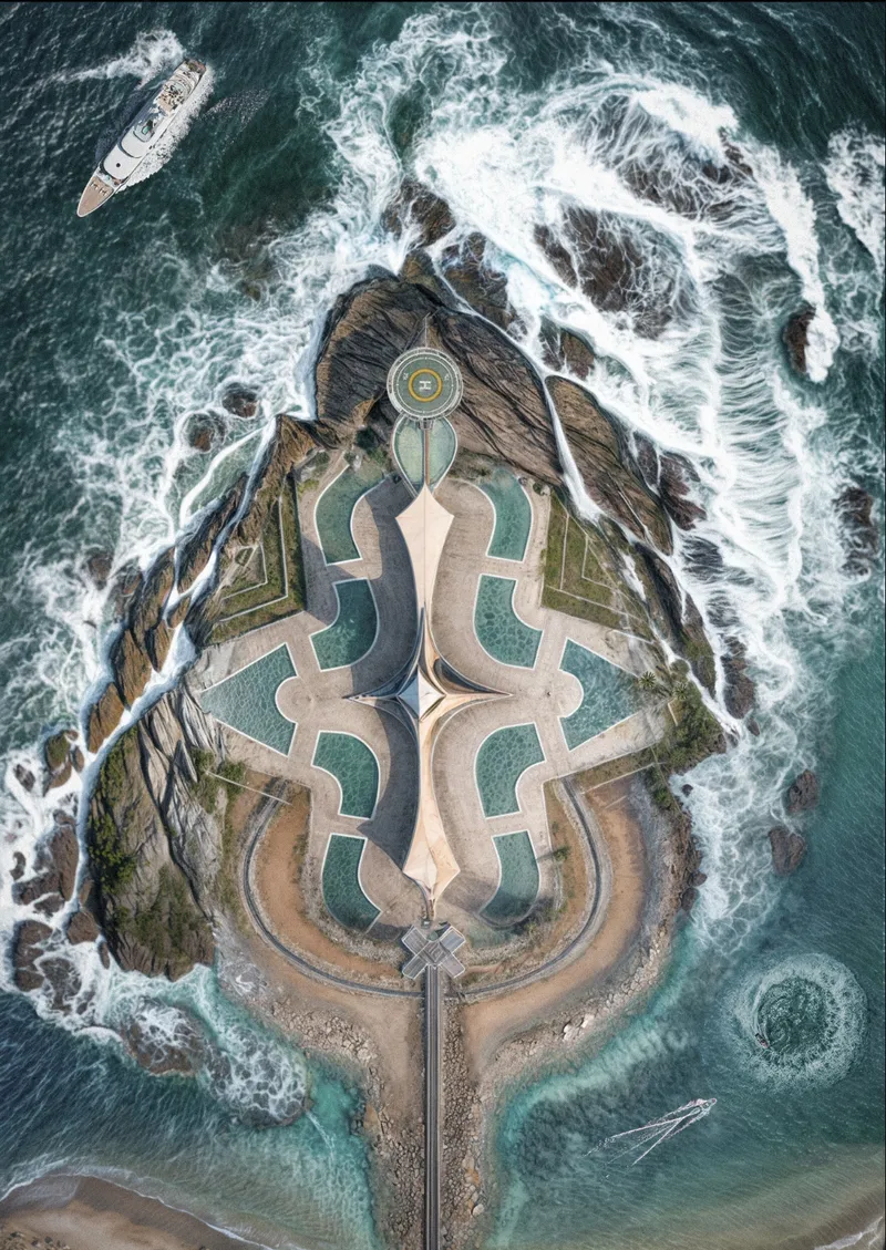 Aerial view of the terraced tidal pool complex on a rocky promontory with waves crashing around it