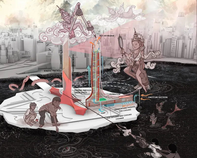 Sectional collage drawing showing the tower's kinetic facade and cooling systems with annotated diagrams and mythological figures