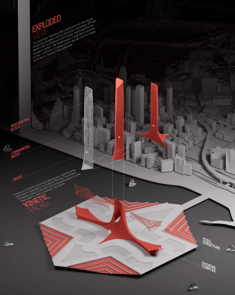 Exploded axonometric diagram showing the tower's separated residential blocks and commercial podium in red and white