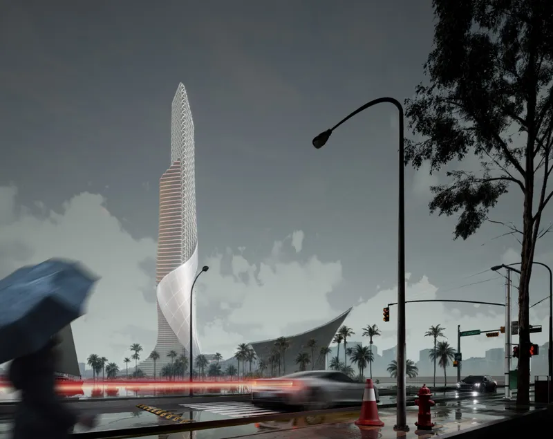 Street view of the twisted tower with a person holding an umbrella during a rainstorm
