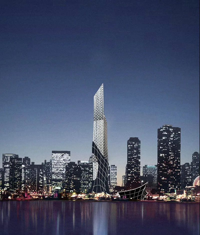 Slender tower with a twisted diagrid facade rising above the waterfront skyline at dusk