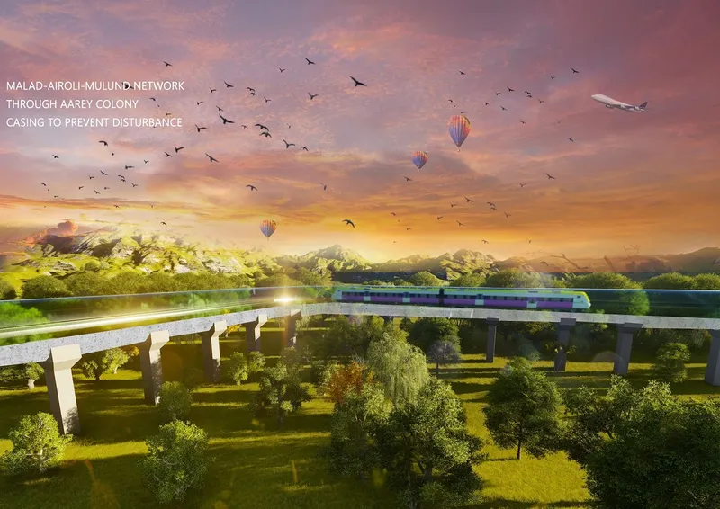 Elevated rail viaduct stretching across a landscape with scattered trees under a sunset sky filled with birds and hot air balloons