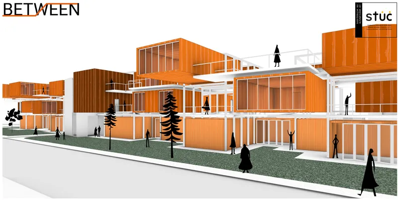 Axonometric rendering of orange modular volumes stacked along a street with pedestrians and evergreen trees