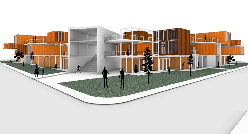 Corner perspective rendering showing orange and white volumes clustered around a green courtyard with figures