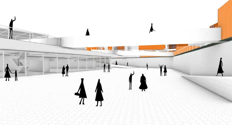 Interior courtyard rendering with white paved surface and silhouetted figures moving between tiered levels