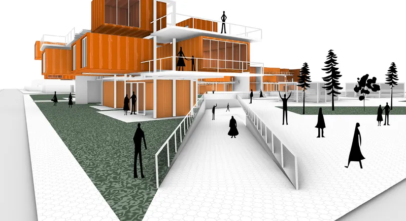Sectional perspective showing orange stacked volumes connected by white walkways and a linear pedestrian path