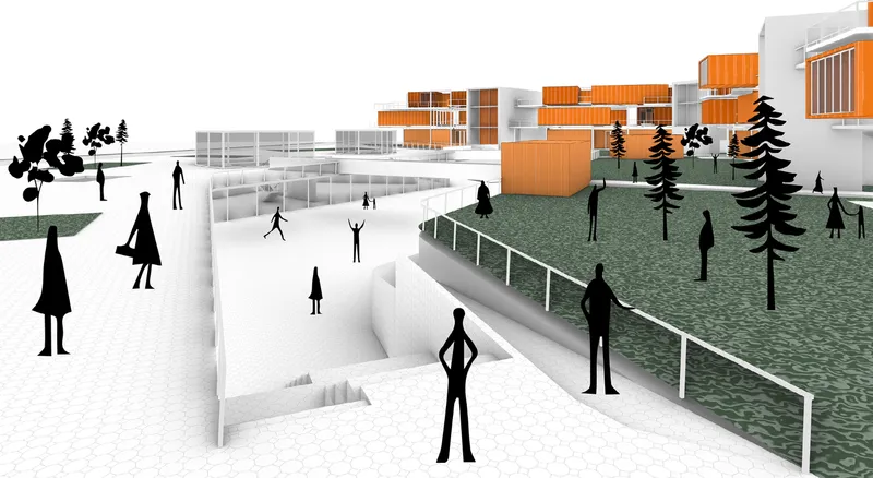 View across sunken white courtyards toward orange volumes with green rooftop terraces and evergreen trees