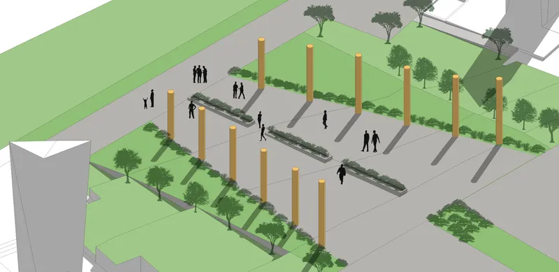 Aerial view showing a grid of orange columns and planted linear beds with pedestrians moving through